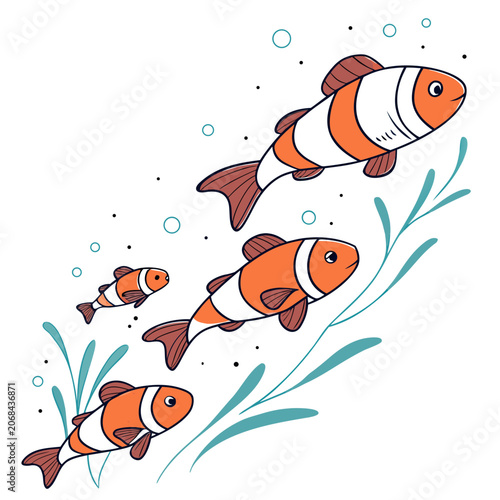 Three clownfish swimming together with sea anemone hand drawn clownfish swimming underwater creature illustration wildlife tropical friendly stylized
