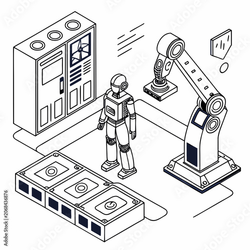 Robot and robotic arm in futuristic workshop with assembly line artificial intelligence control panel line art white background automation industry technology futuristic workshop isometric