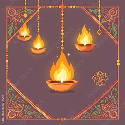 Traditional Diwali Greeting Card Vector Template with Lit Diyas and Folk Art Floral Frame