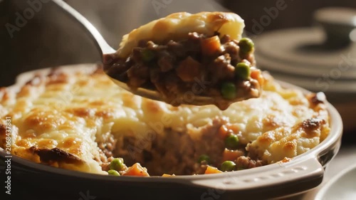 Close-up of steaming shepherd's pie in ceramic dish, metal spoon lifting portion of mashed potato crust over ground meat, peas, and carrots; golden brown baked topping and visible heat.