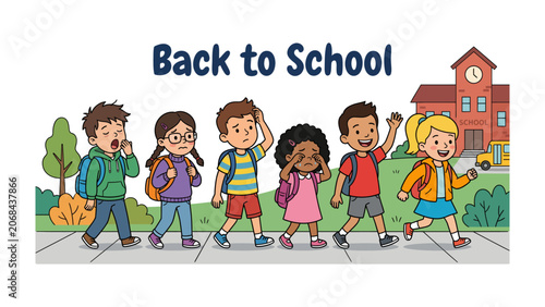 Fotografija Back to School Excitement: A group of diverse children with backpacks cheerfully walk towards a school building, ready for a new academic year filled with learning and fun