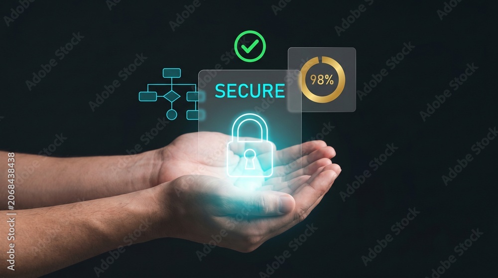 Fototapeta premium Open Hands Present Glowing Secure Padlock Interface to Display Network Flowchart, Show Progress Percentage, Confirm Verification Status, Protect Data Privacy, and Encrypt Online Access