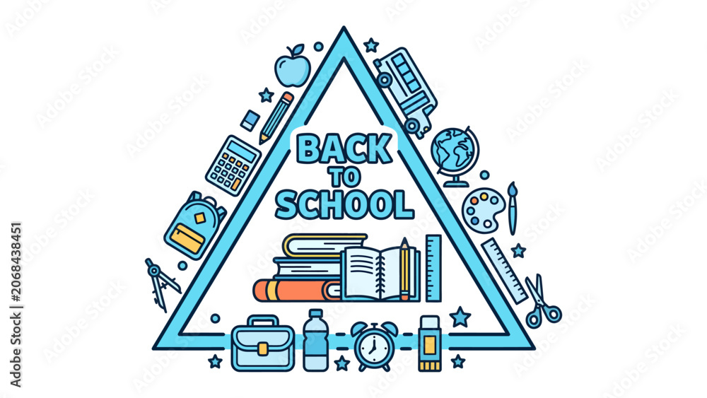 Fototapeta premium Back to School Collection: A vibrant illustration depicting essential school supplies and educational tools arranged within a triangular frame, signaling the start of a new academic year.