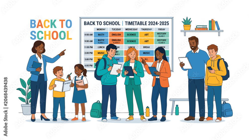 Obraz premium Back to School Learning Environment: Teachers and students gather around a timetable in a vibrant classroom setting, signifying the start of a new academic year filled with learning and growth.