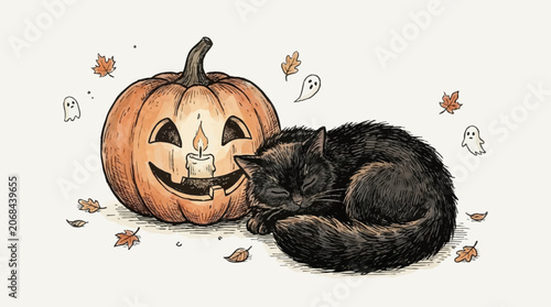 Fotografía Peaceful Halloween illustration with a napping black cat nestled by a lit pumpki