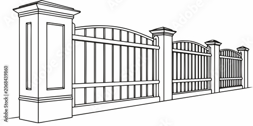 Fotografie Modern decorative metal picket fence illustration with architectural columns arc