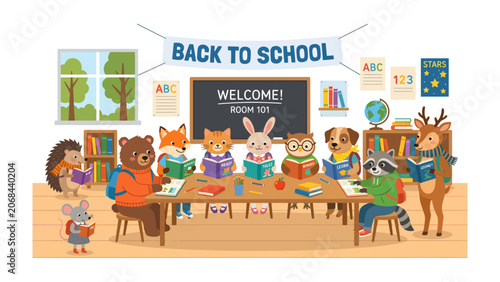 Photos Animals Back to School: A charming classroom scene where anthropomorphic animal characters, including a bear, fox, rabbit, dog, raccoon, deer, and mouse