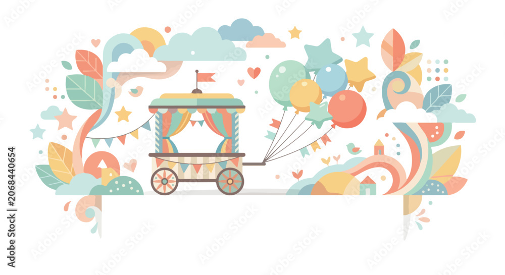 Naklejka premium A whimsical pastel vector illustration featuring a festive circus cart with colorful balloons in a dreamy landscape of clouds, stars, and rainbows.