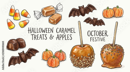 Φωτογραφία A festive October scene featuring Halloween treats and apples with candy