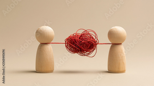Communication Breakdown: Two wooden peg figures are connected by a tangled red thread, symbolizing the complexities and frustrations of miscommunication or a difficult relationship.