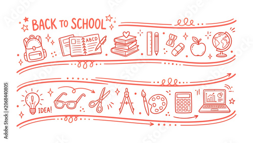 Slika na platnu Back to School Doodle Border: A charming hand-drawn illustration featuring a decorative border with various school supplies, celebrating the start of the academic year and the excitement of learning
