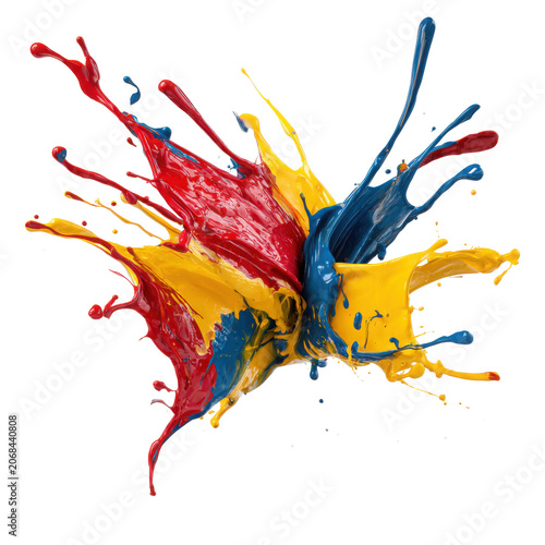 Dynamic splash of red, yellow and blue paint isolated on a transparent background creating a vibrant abstract artistic composition.