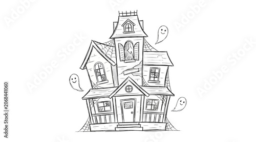 Schilderij op canvas A spooky old house illustration with ghosts floating around it at night