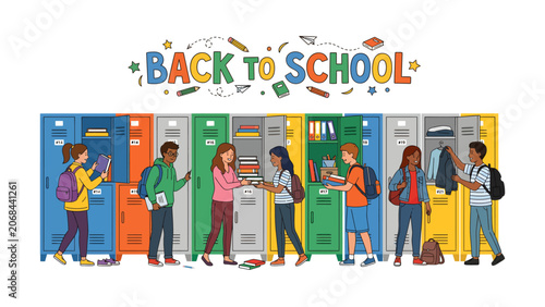 Fotografija Back To School Scene: A vibrant illustration depicting a diverse group of students interacting at colorful lockers, ready for the start of the new academic year with books and backpacks