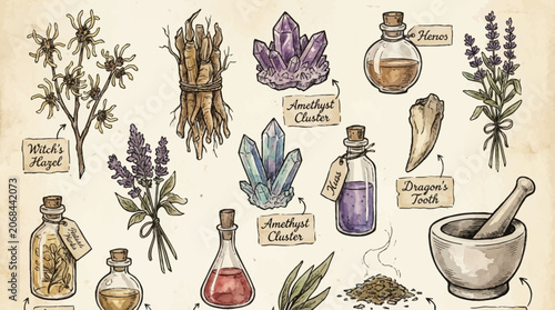 Tableau sur toile Herbalists prepare medicinal potions with various plants and crystals in a laboratory setting