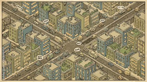 Aerial Isometric View of Modern Urban Cityscape with Blocky Buildings and Traffic