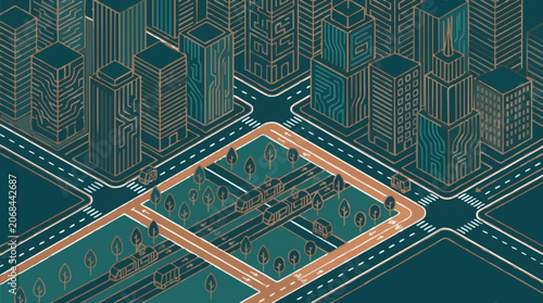 Aerial view of modern smart city logistics hub with glowing data routes at dusk