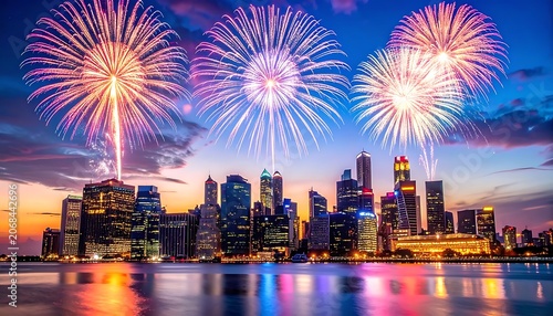 Vibrant cityscape at dusk with colorful fireworks (1)