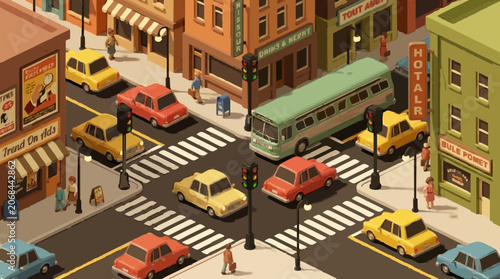 Busy urban street intersection with toy cars and buildings in miniature cityscape diorama