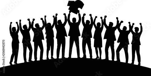 Large group of business people celebrating success holding a puzzle piece aloft on a hill silhouette