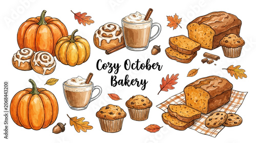 Bilde på lerret A warm October scene at a cozy bakery with pumpkins, pastries, and coffee on a table