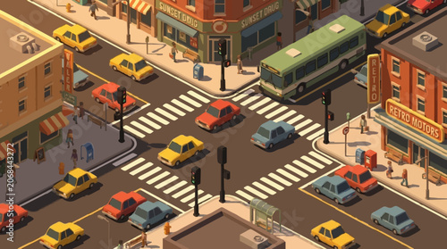 Aerial view of busy urban street intersection with cars and tram in city traffic