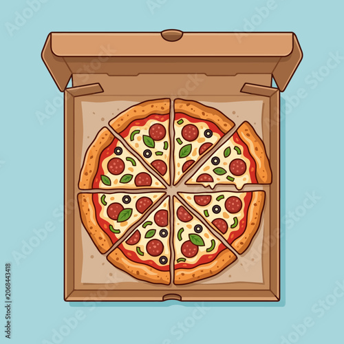 A delicious pepperoni pizza served inside a cardboard delivery box