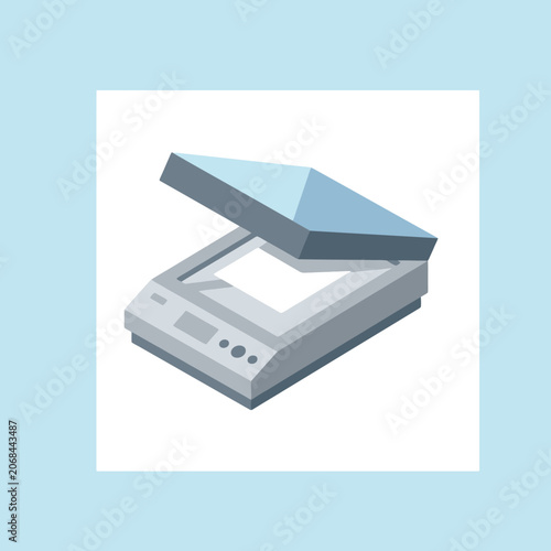 Minimalist isometric vector icon of a flatbed scanner