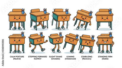 Fotografía Animated Desks: A collection of anthropomorphic desks, each with a unique facial expression and pose, demonstrate various actions and emotions, from calm to shaky