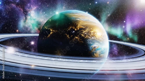 Colorful ringed planet floating in deep space with bright stars and glowing nebula clouds, creating a dramatic sci-fi scene