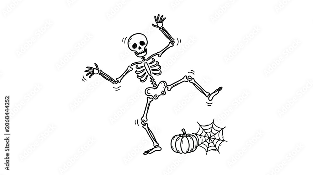 Fototapeta premium A dancing skeleton performs near a spider web and pumpkin.