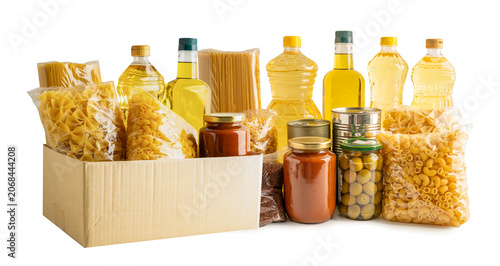 Schilderij op canvas Foodstuffs in donation box isolated on white background for volunteer to help people