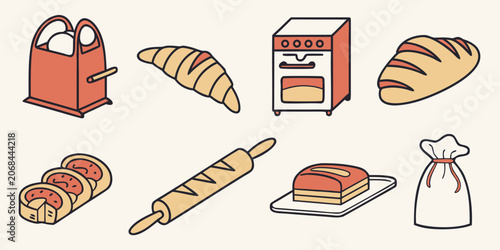 Quadro su tela Baking and pastry equipment set with bread and croissant icons croissant baguett