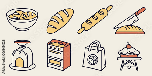 Bild auf Leinwand Baking tools and baked goods icon collection including loaves bread bowl scales