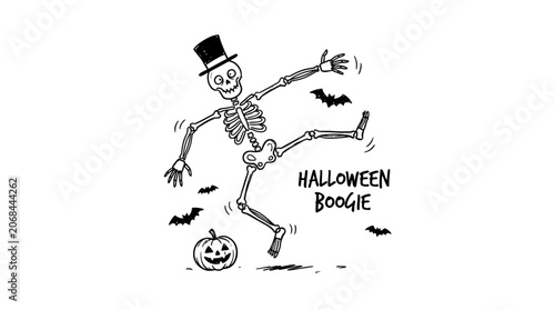 Photos A dancing skeleton wearing a top hat performs a boogie near a jack-o-lantern on Halloween