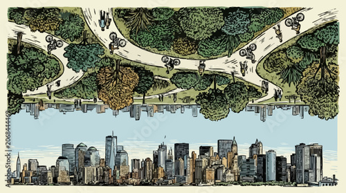 Reflective cityscape with urban park oasis and modern skyline in aerial view