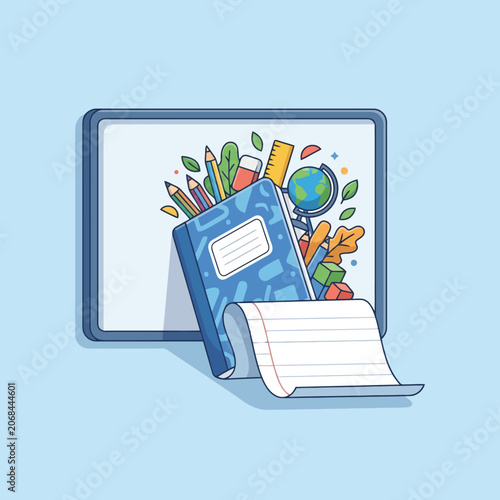 A colorful illustration of school supplies on a digital screen