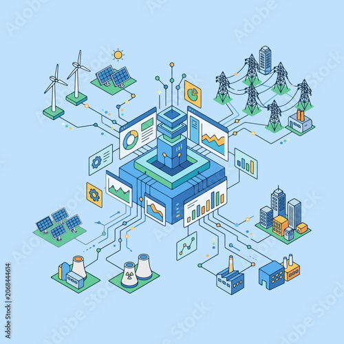 An isometric illustration of a modern smart energy power grid