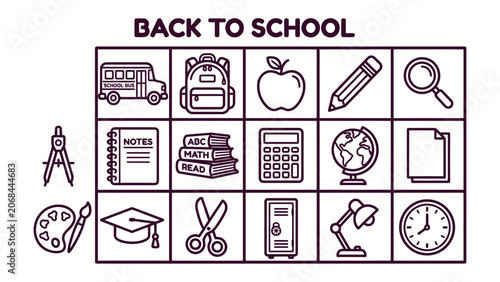 Billede på lærred Back to School Icon Grid: A comprehensive collection of outline-style icons representing essential school supplies, learning tools, and educational elements, arranged in a grid format