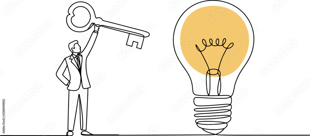Naklejka premium Man in suit holding a key with one hand raised next to a lit light bulb on white background
