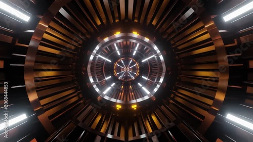 Abstract futuristic tunnel with glowing lights and metallic rings, creating a strong sense of depth, speed, and motion