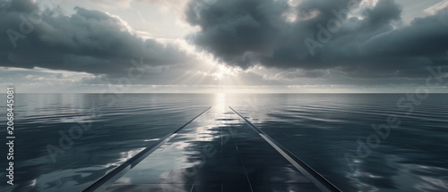 Dramatic Horizon Pathway Over Dark Reflective Water Ocean with Sunbeams Product Background