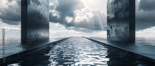 Concrete Gateway Architecture over Calm Water Channel under Dramatic Cloud Sky Product Backdrop