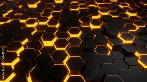 Abstract black hexagon pattern with glowing orange light, creating a futuristic tech background with a dark metallic look and strong depth