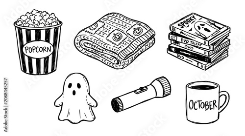 Canvastavla A ghost watches a scary movie with popcorn and books on a chilly October night