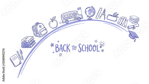 Back to School Doodle Border: A whimsical doodle border featuring classic school supplies and symbols such as a backpack, books, an apple, a school bus, a globe, pencils, and a graduation cap.