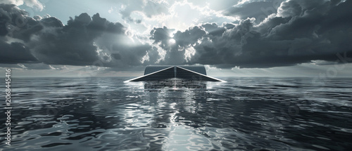 Symmetrical Futuristic Geometric Podium Emerging from Sea under Dark Dramatic Sky Backdrop