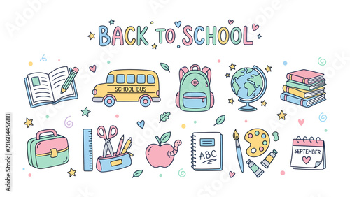 Back to School Essentials: A charming collection of colorful, hand-drawn illustrations representing essential school supplies and symbols, perfect for celebrating the start of a new academic year.