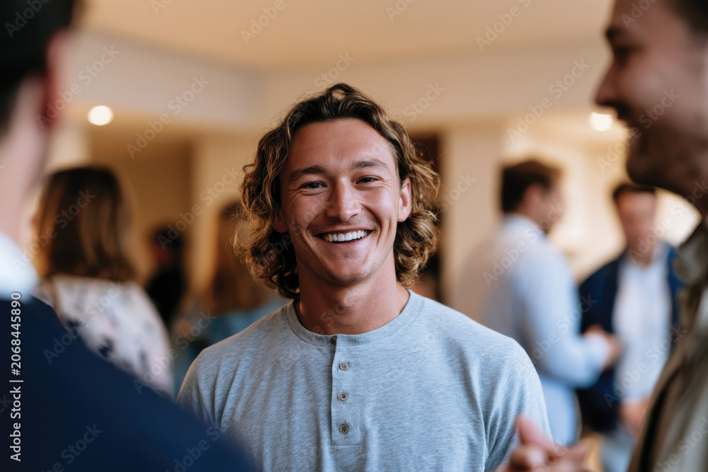 Obraz premium A smiling young man radiates joy and warmth while engaging in conversation, highlighting the essence of friendship and shared moments in a vibrant social gathering.