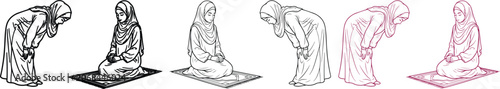 Foto Muslim woman praying vector illustration set, Islamic prayer poses, traditional